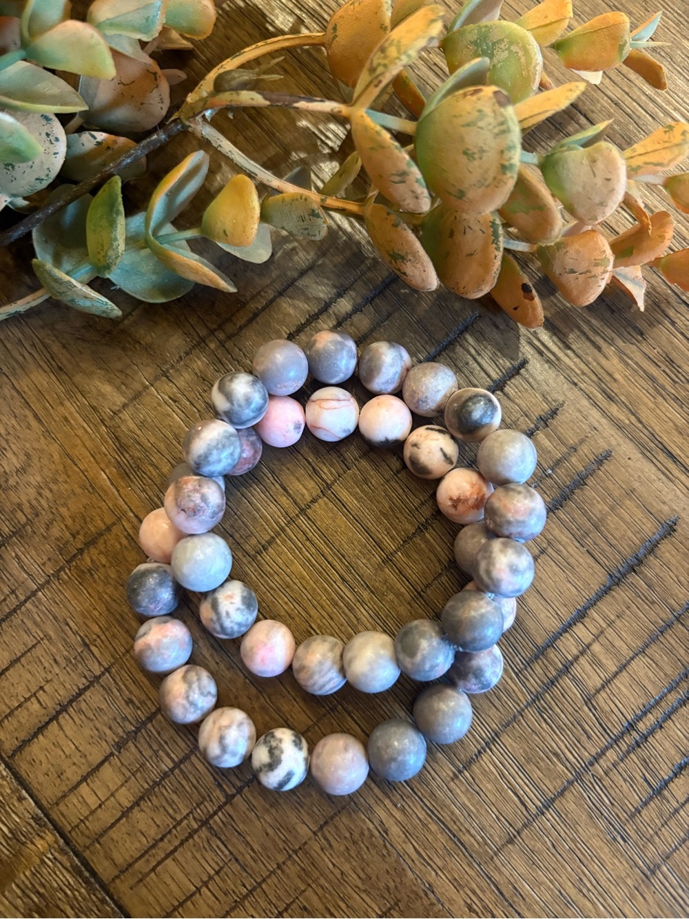 Pink Zebra Jasper Gemstone  Stretch Bracelet - Pink and Gray Jasper